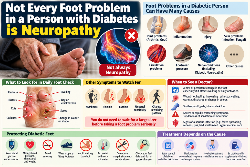 Diabetic foot problems showing warning signs, possible causes, daily foot checks and when to see a doctor